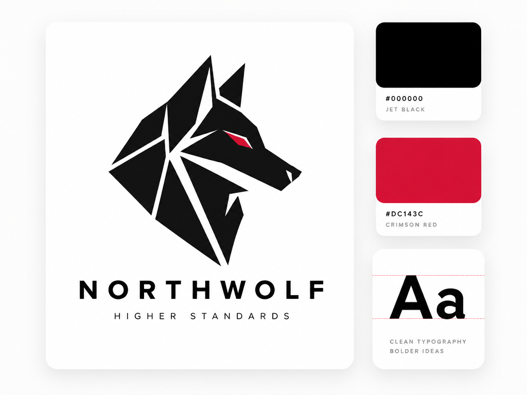 Minimalist UI layout card showing a geometric wolf logo with matching black and red color swatches and typography card