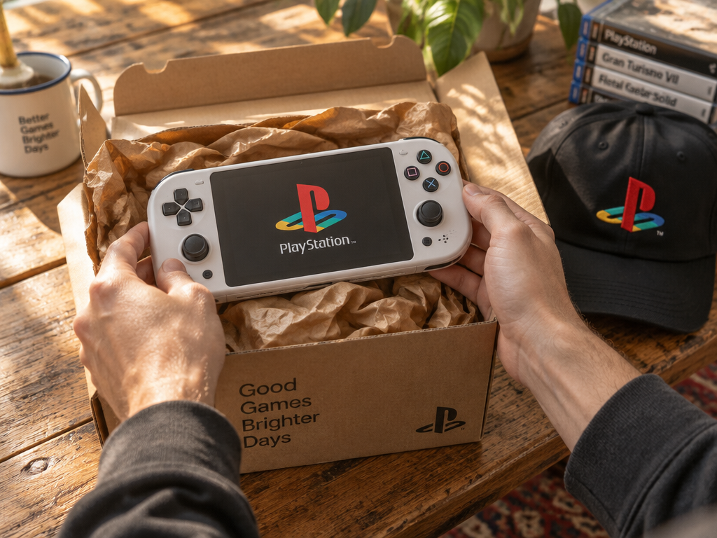 Hands unboxing custom gaming gear printed with a classic colorful 3D polygon PlayStation logo in natural light