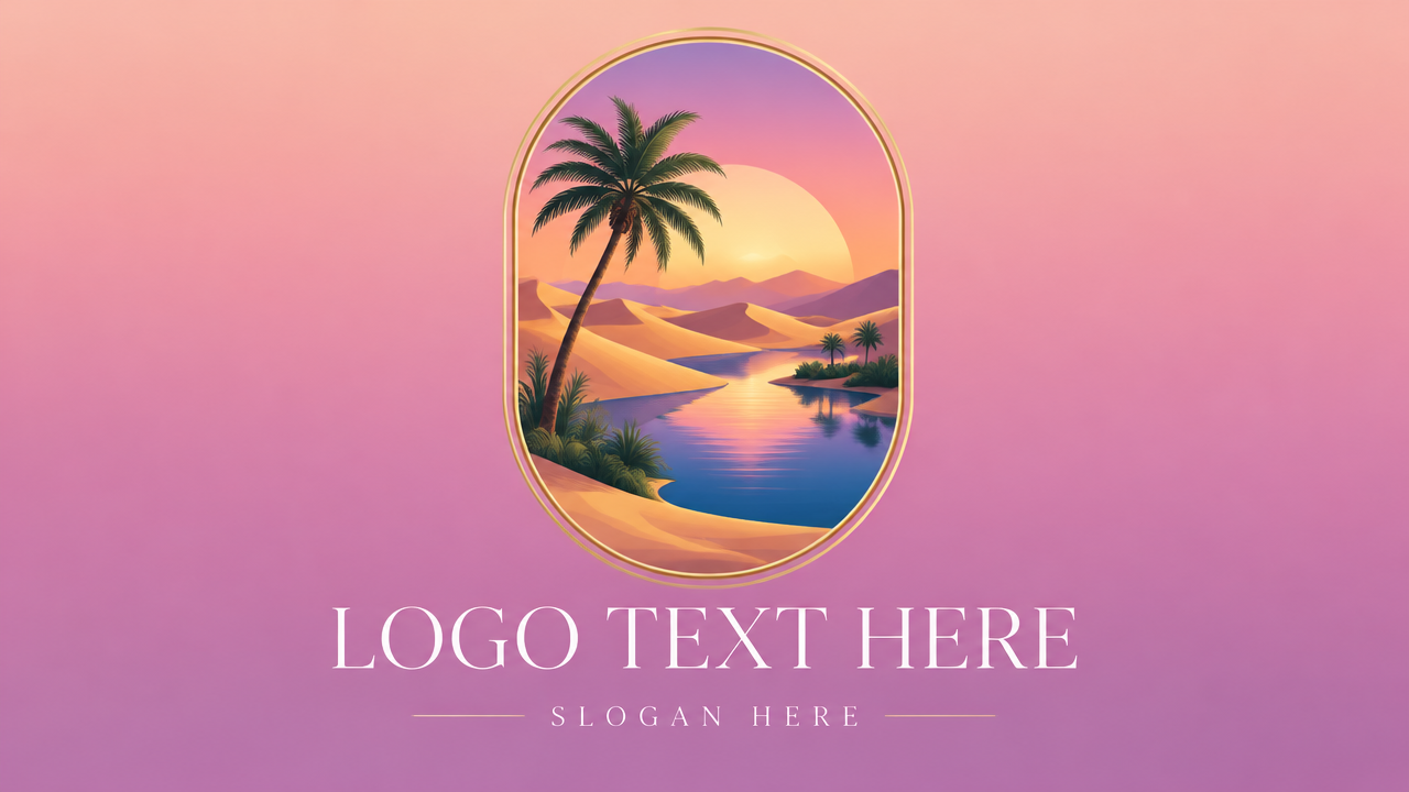 Scenic desert oasis sunset logo design inside a vertical oval capsule badge on pastel gradient card
