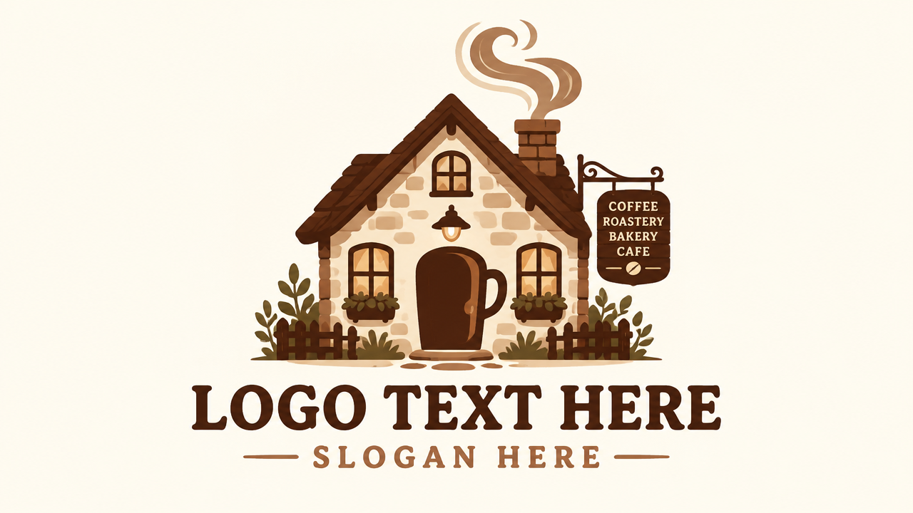 Charming coffee house logo design featuring a rustic cottage with coffee steam chimney on cream card