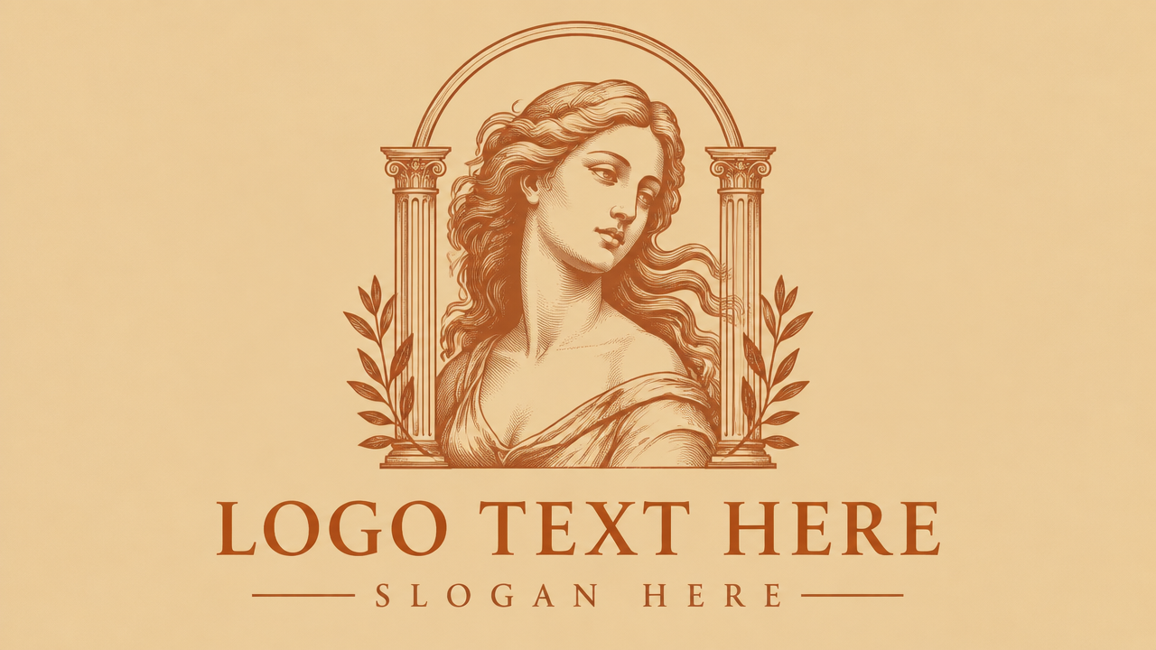 Timeless classical goddess Venus makeup and skincare logo design in terracotta on golden sand card