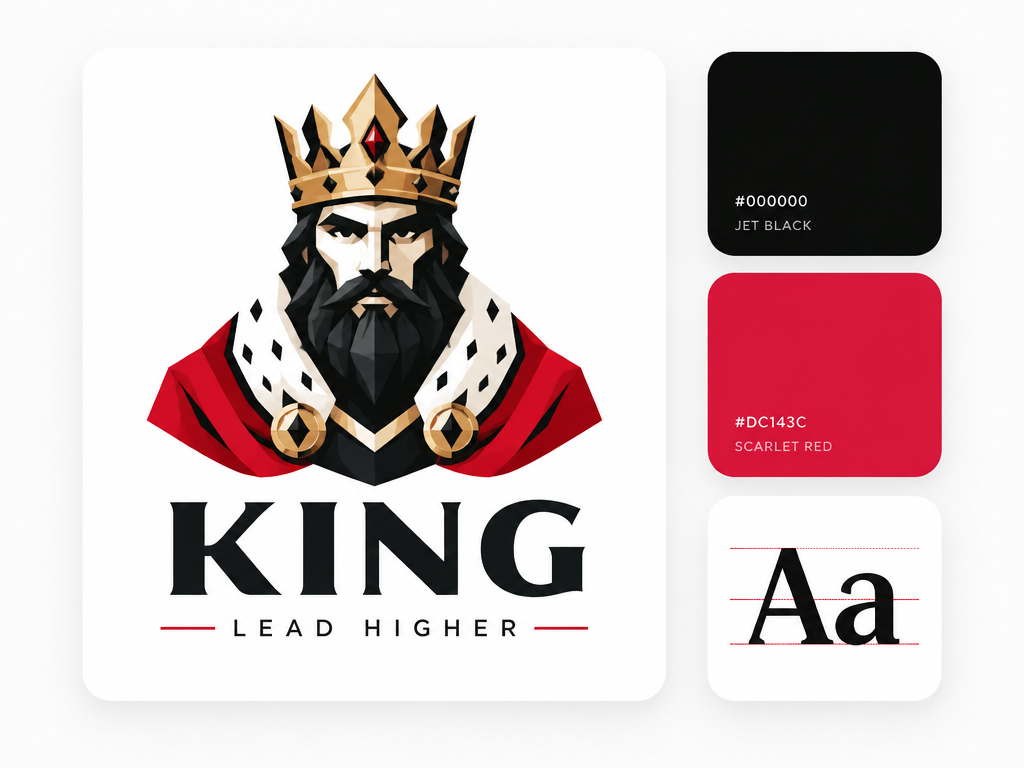 Minimalist UI layout card showing a geometric king mascot logo with matching black and red color swatches and typography card