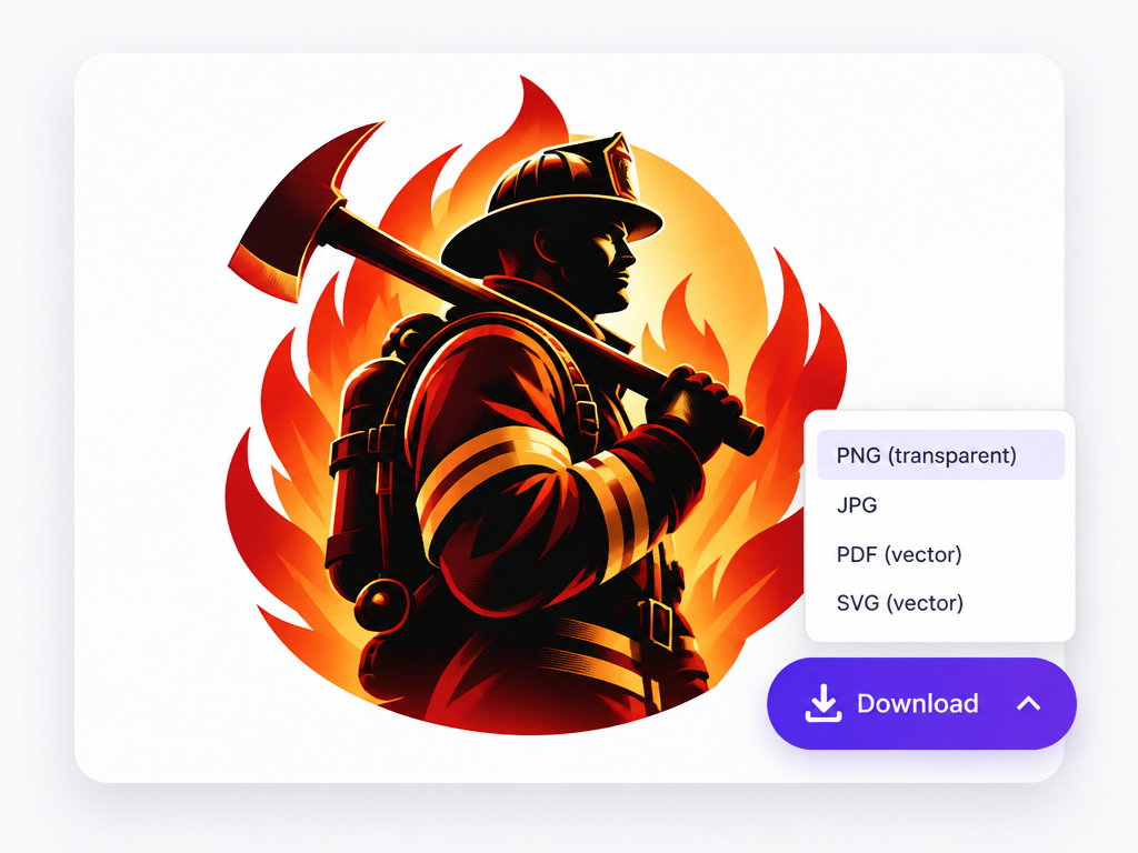 Firefighter logo design presentation card with instant download button and vector file format export dropdown menu