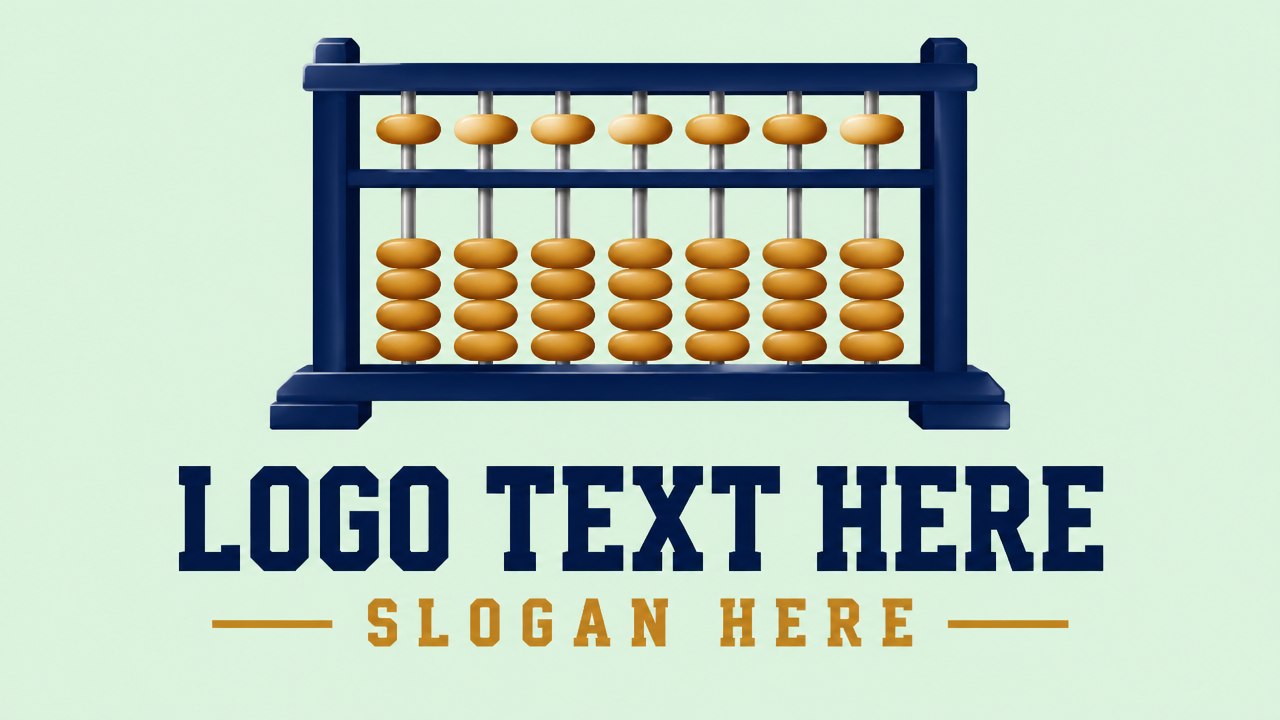 Traditional mental math abacus logo design with golden beads on a navy frame on pale mint card