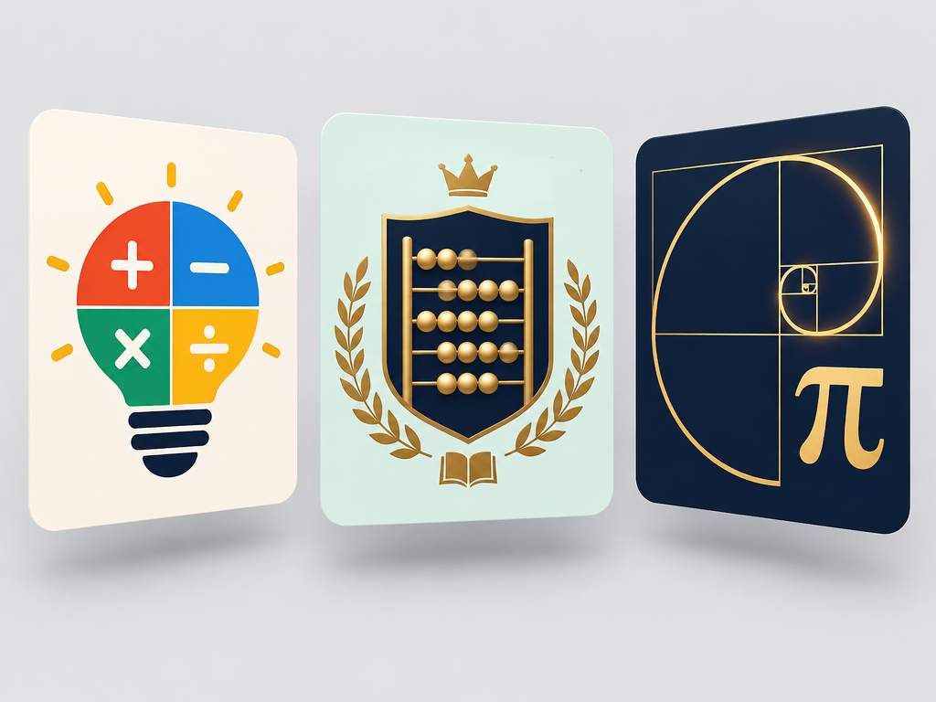 Graphic showcase of three distinct math logo designs featuring colorful operations lightbulb, traditional abacus, and golden ratio spiral