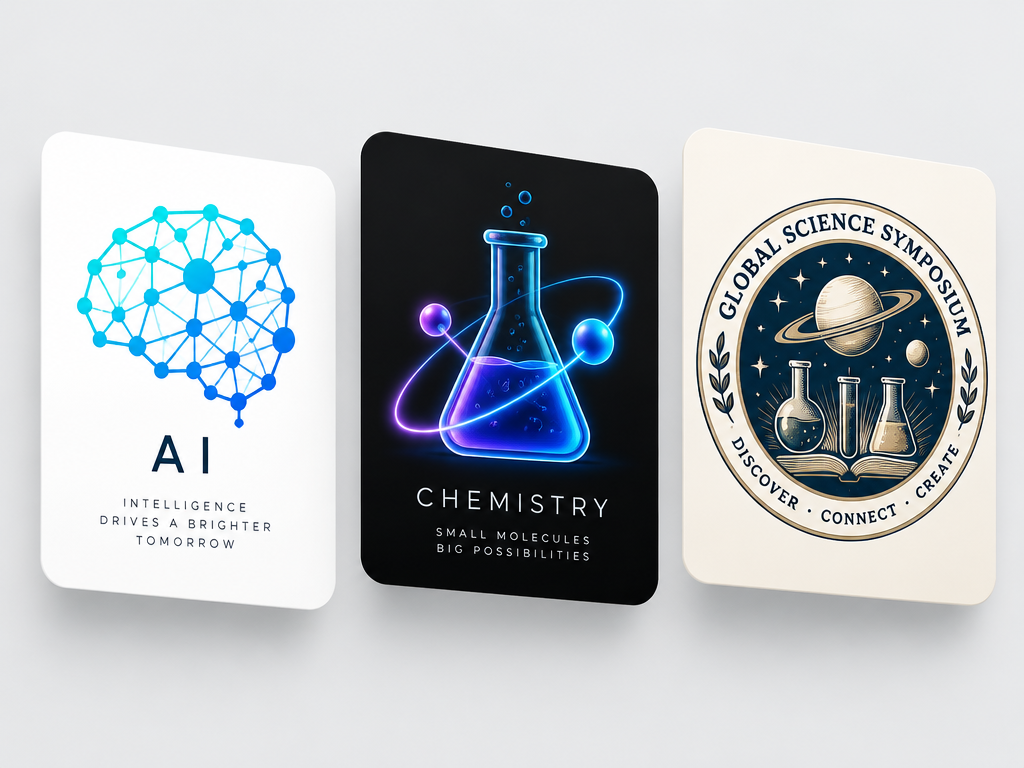 Graphic showcase of three distinct science logo designs featuring AI neural network, neon chemistry flask, and academic research seal