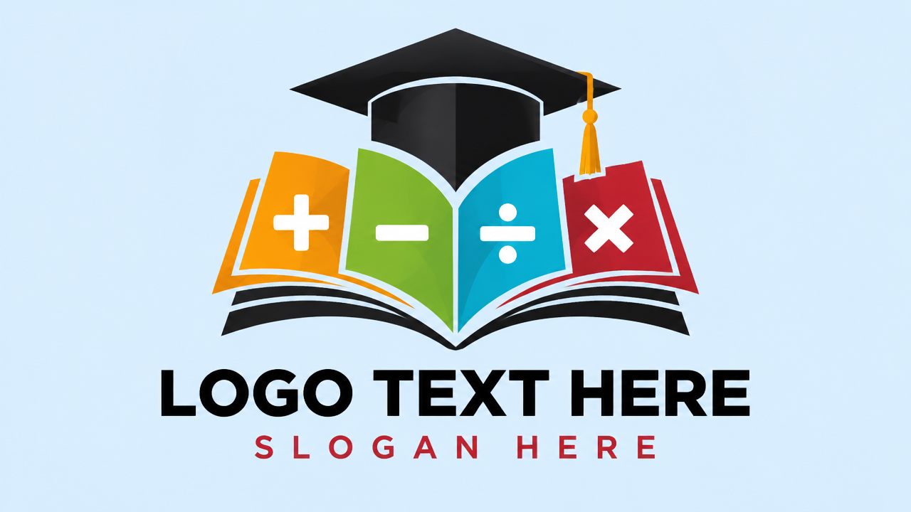 Academic math logo design featuring a graduation cap over an open book with math symbols on pale blue card
