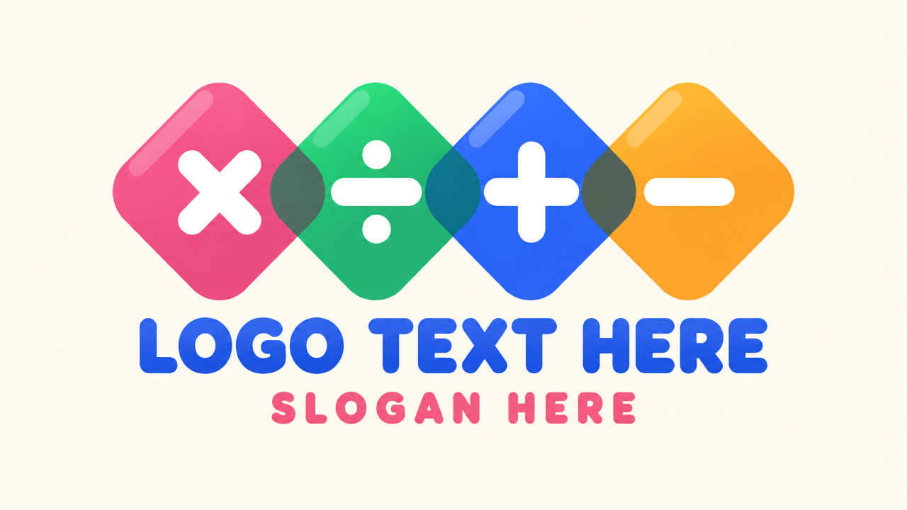 Colorful gamified math logo design featuring interlocking diamond tiles with arithmetic symbols on ivory card