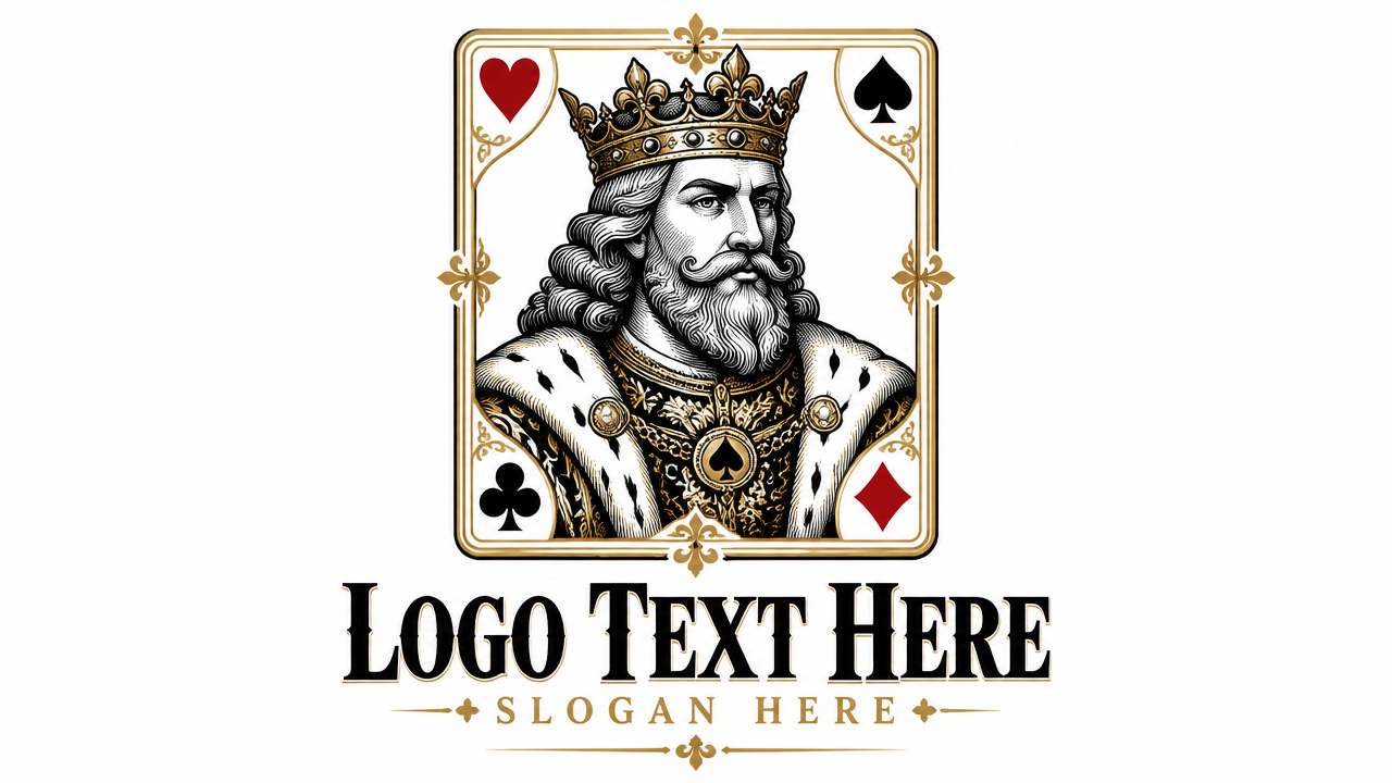 Vintage playing card king logo design with ornate royal portrait and card suits on white card