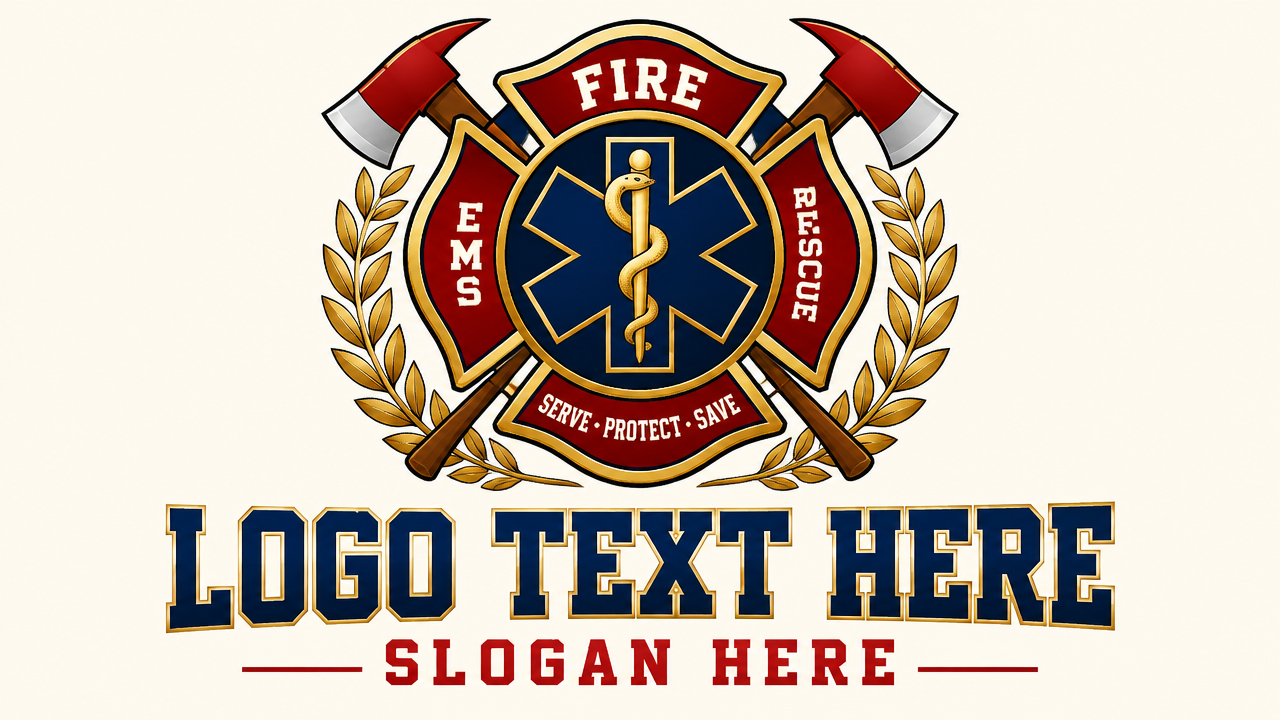 Official Fire EMS logo design featuring a Maltese cross, crossed axes, and snake pole staff on clean card