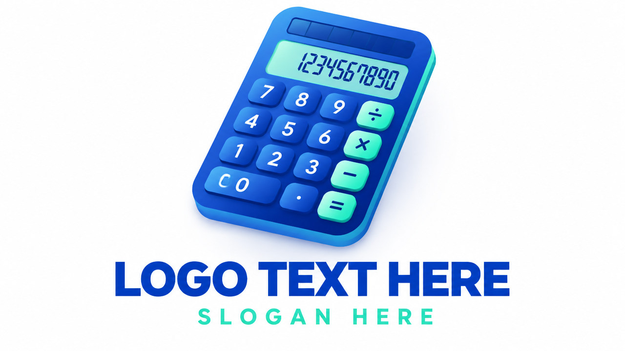 Modern digital calculator math logo design with blue gradient buttons on clean white card