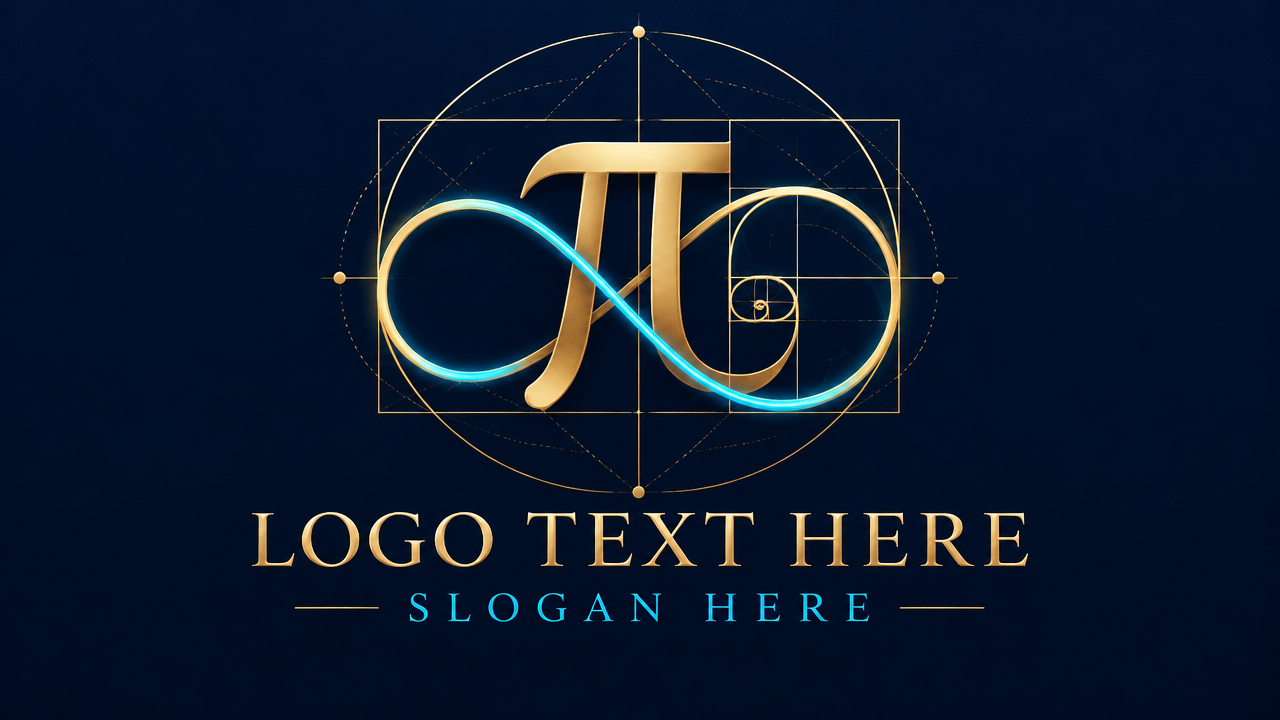 Abstract geometric math logo design featuring a golden ratio Fibonacci spiral and Pi symbol on navy background