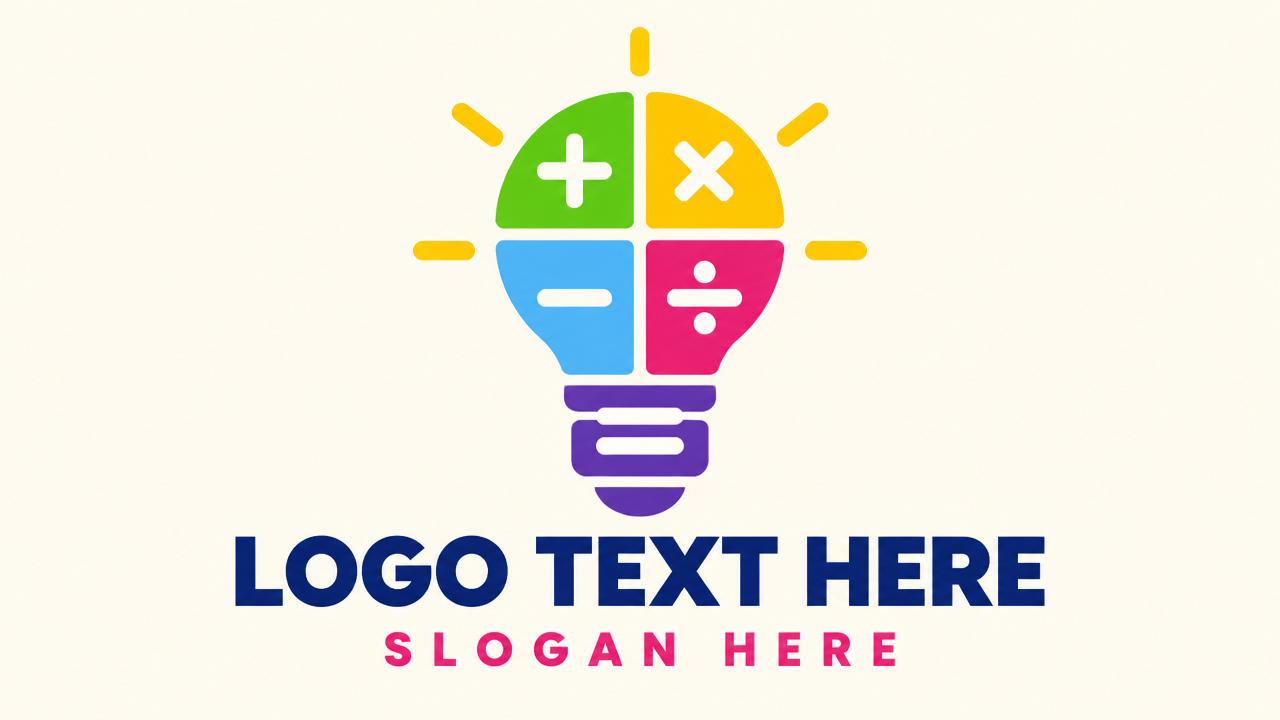Educational math logo design featuring a colorful lightbulb with arithmetic operator symbols on cream card