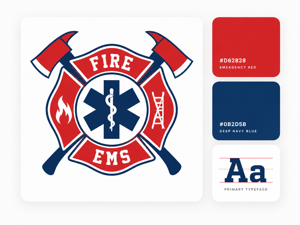 Minimalist UI layout card showing an official firefighter cross logo with matching red and navy color swatches and typography card