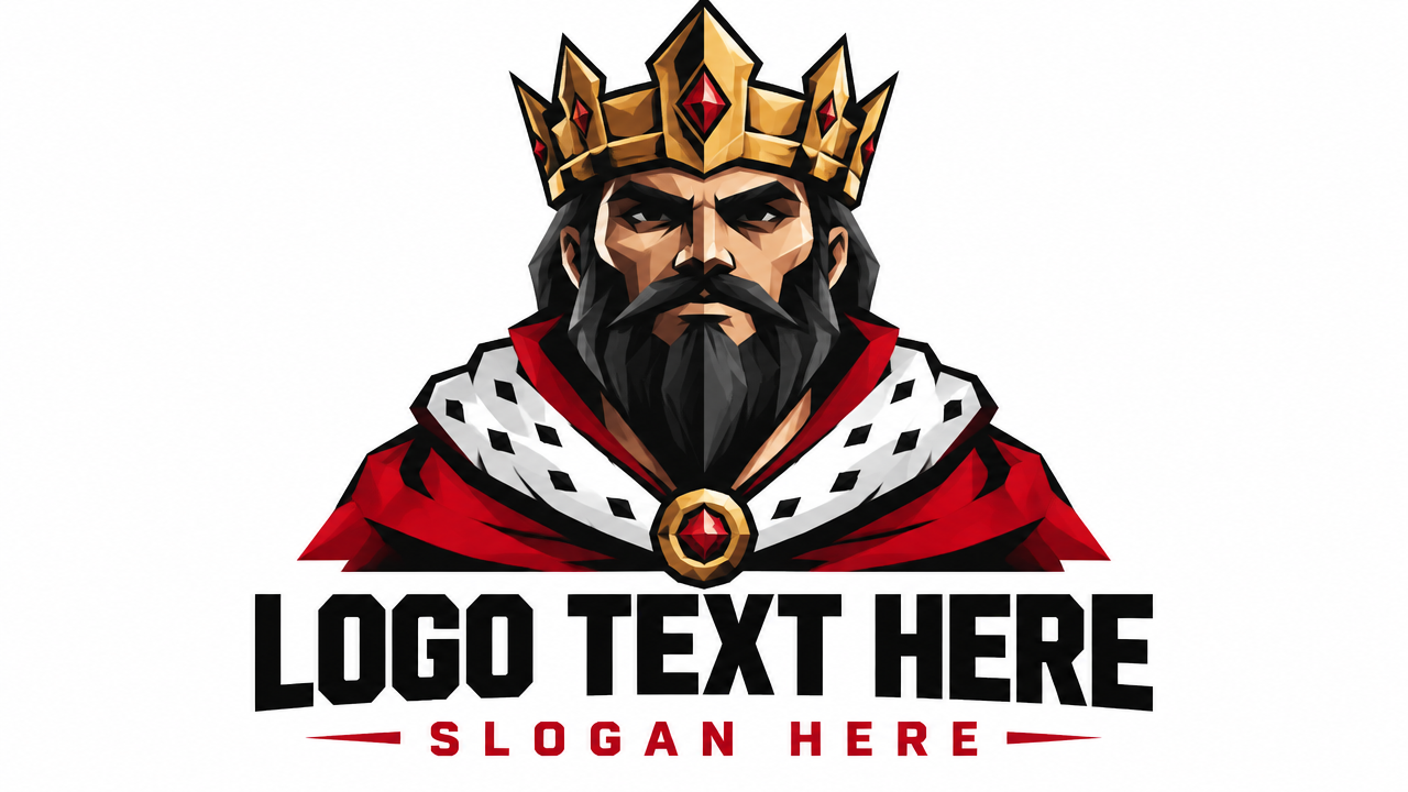 Modern angular geometric king mascot logo design with golden crown and red mantle on white card