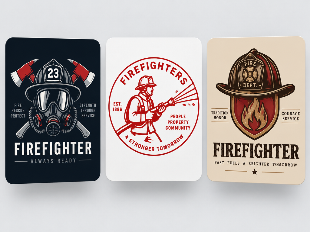 Graphic showcase of three distinct firefighter logo designs featuring cool tactical, modern monoline, and classic heritage helmet styles