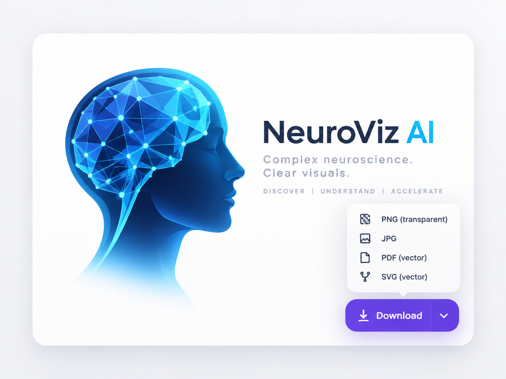 Science logo design presentation card showing an AI neural network logo with instant vector export dropdown menu