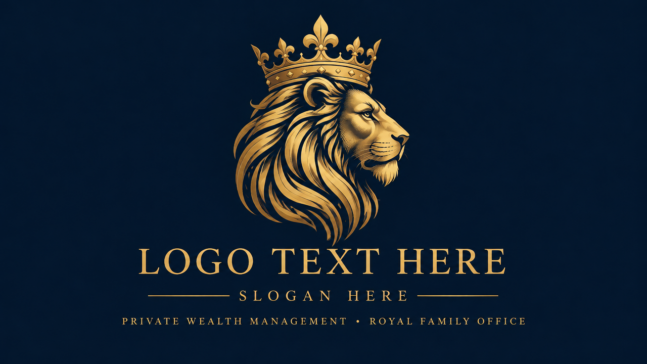 Majestic crowned lion head logo design with flowing golden mane on dark navy card