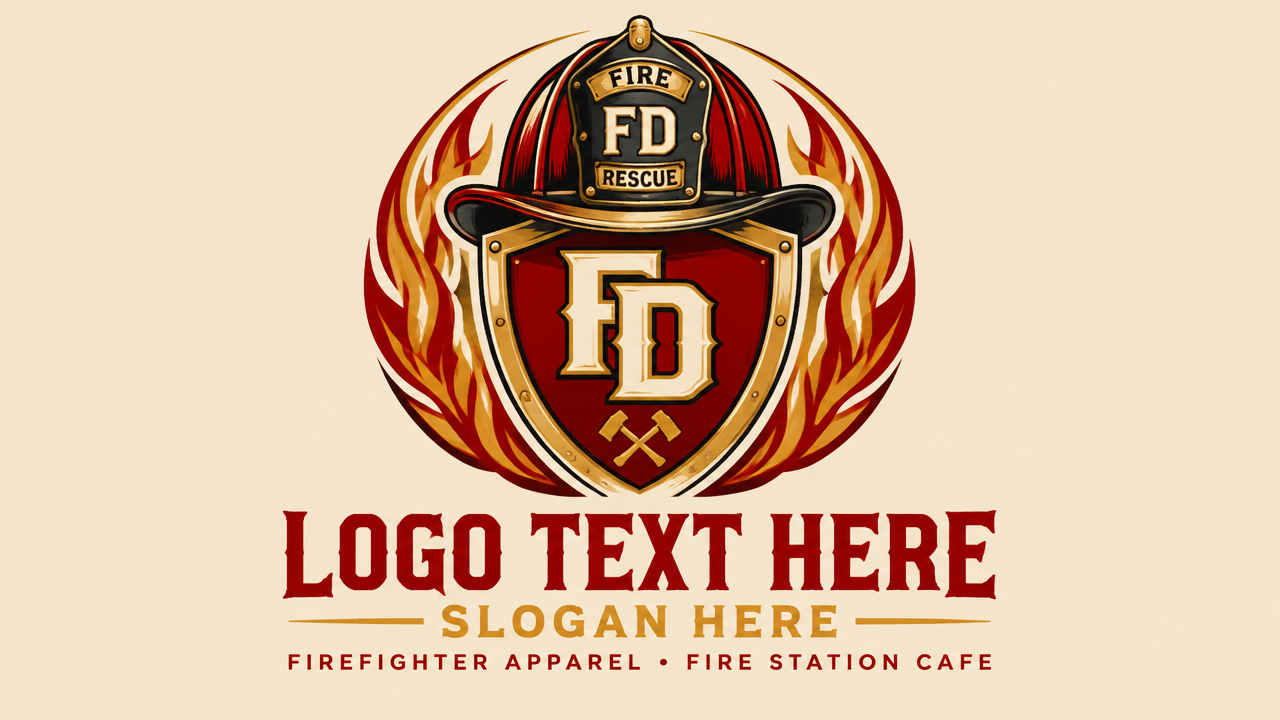 Minimalist firefighter logo design featuring a traditional leather helmet atop a flame shield on beige card