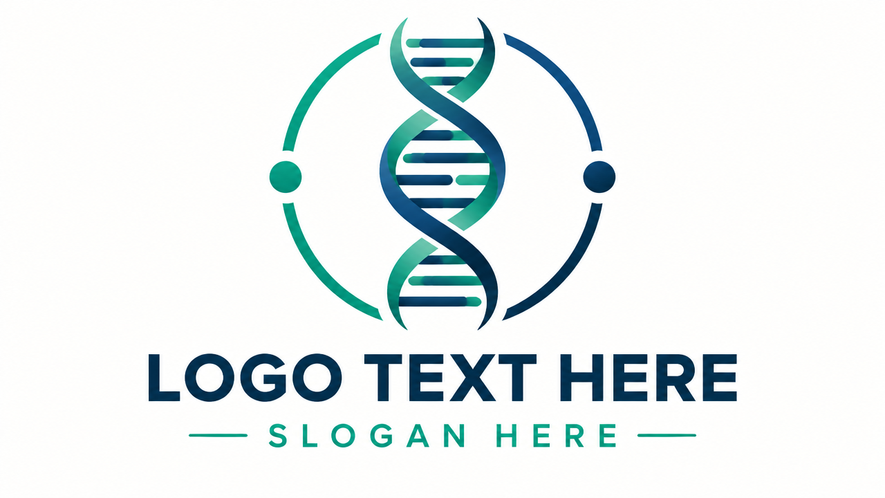 Biotechnology science logo design featuring a vertical DNA double helix inside a circular ring on light card