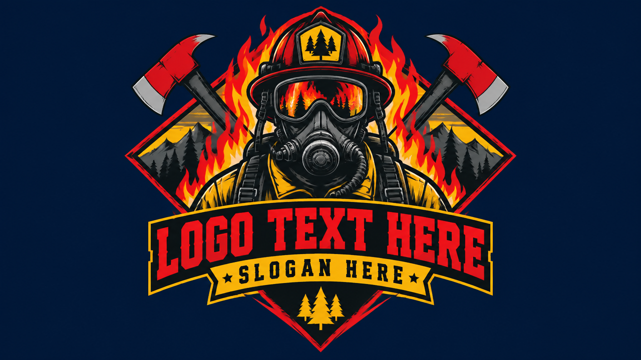 Tactical wildland firefighter logo badge with respirator mask, helmet, and crossed axes on navy card