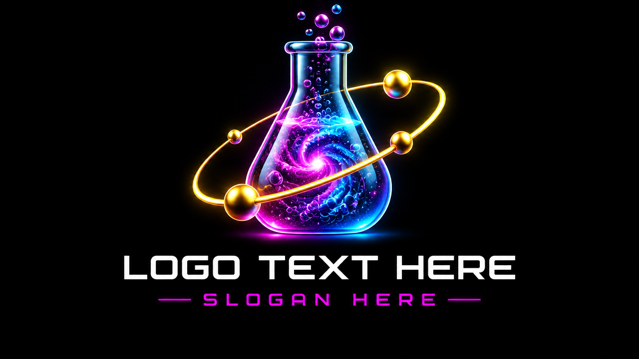 Modern chemistry lab logo design featuring a glowing glass flask with orbiting atomic ring on dark background