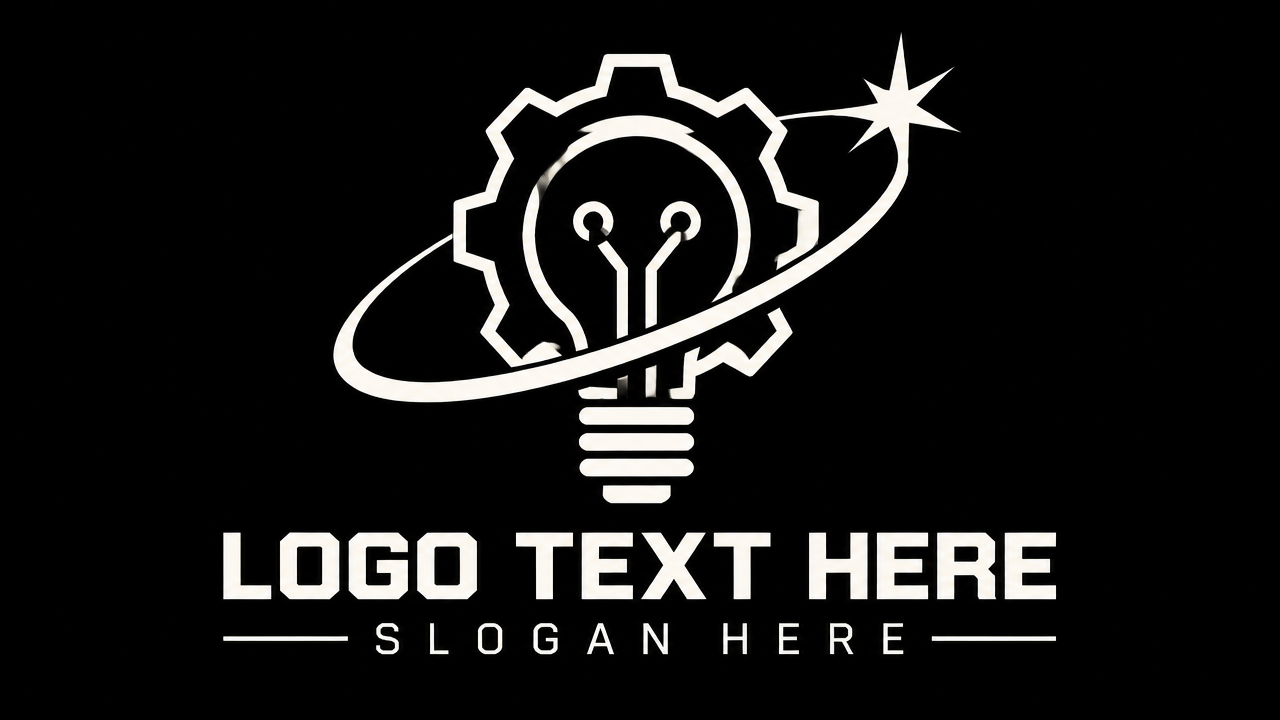 Industrial science and engineering logo design combining a gear cogwheel, lightbulb, and shooting star on black card