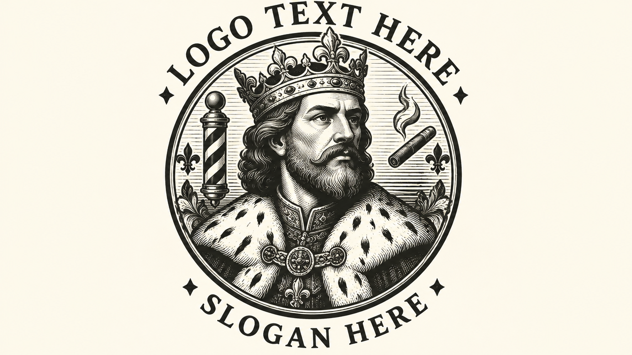 Vintage engraved medieval king portrait logo design inside a circular seal on ivory card