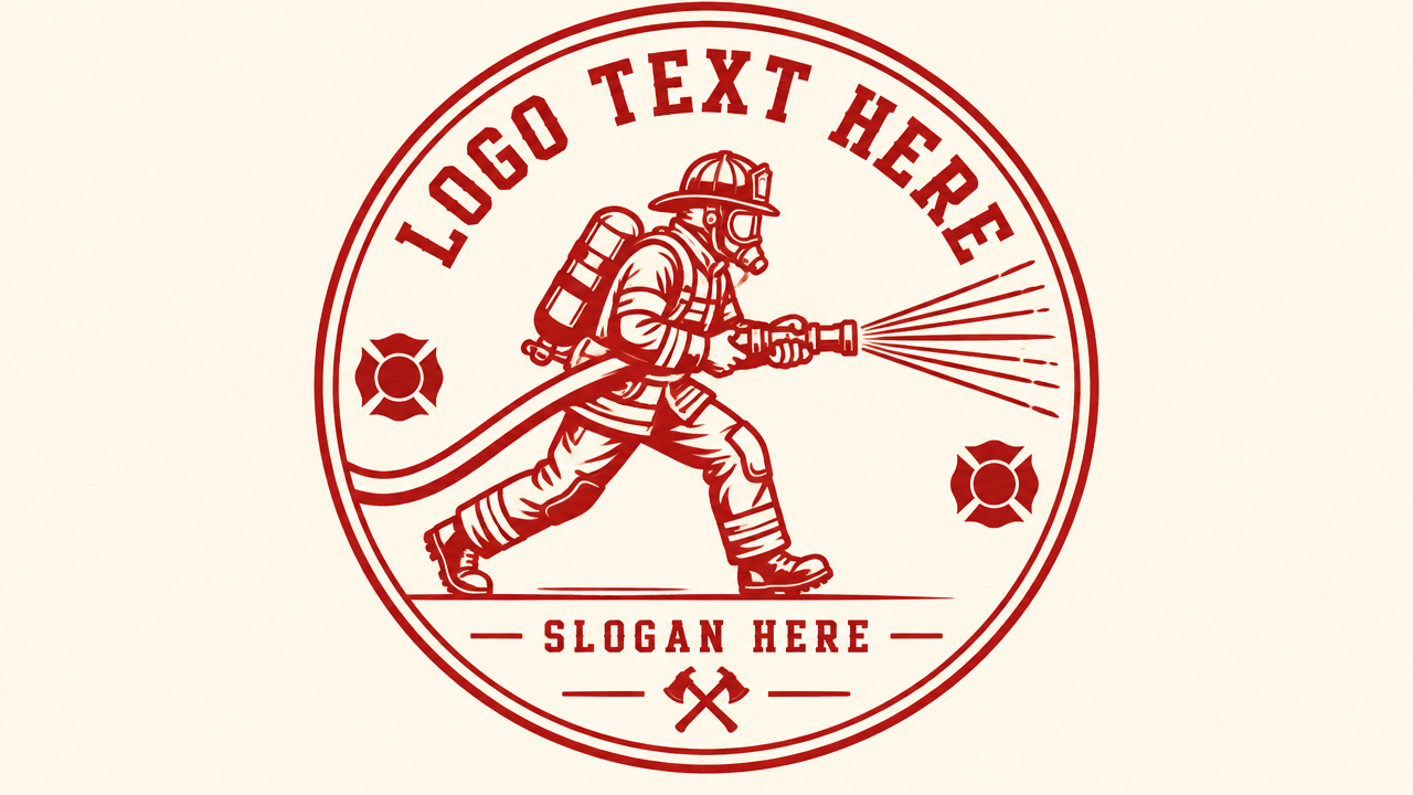Vintage circular firefighter logo design with monoline firefighter spraying water hose on ivory card