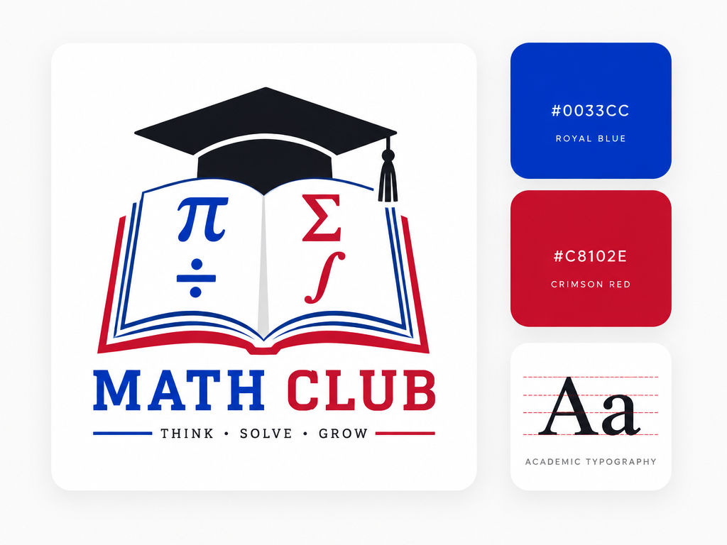 Minimalist UI layout card showing a graduation cap math club logo with matching blue and red color swatches and typography card