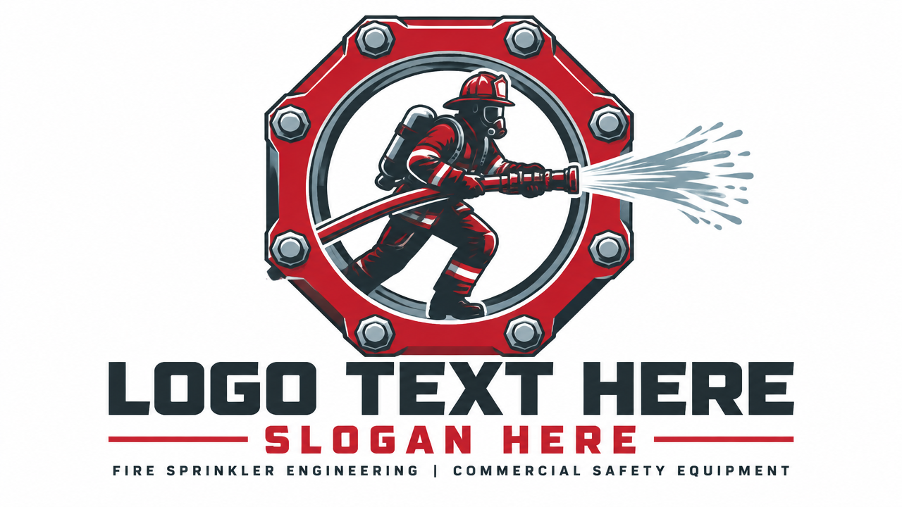 Industrial firefighter logo design with silhouette firefighter and hose inside an octagonal coupling rim