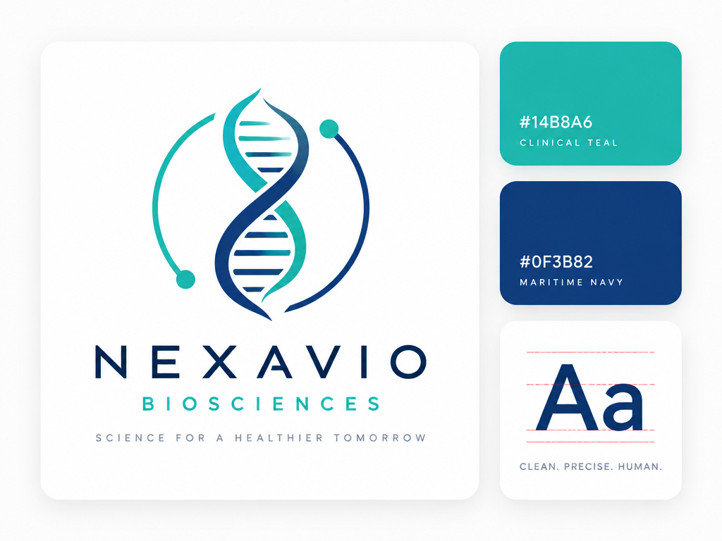 Minimalist UI layout card showing a DNA helix biotechnology logo with matching teal and navy color swatches and typography card