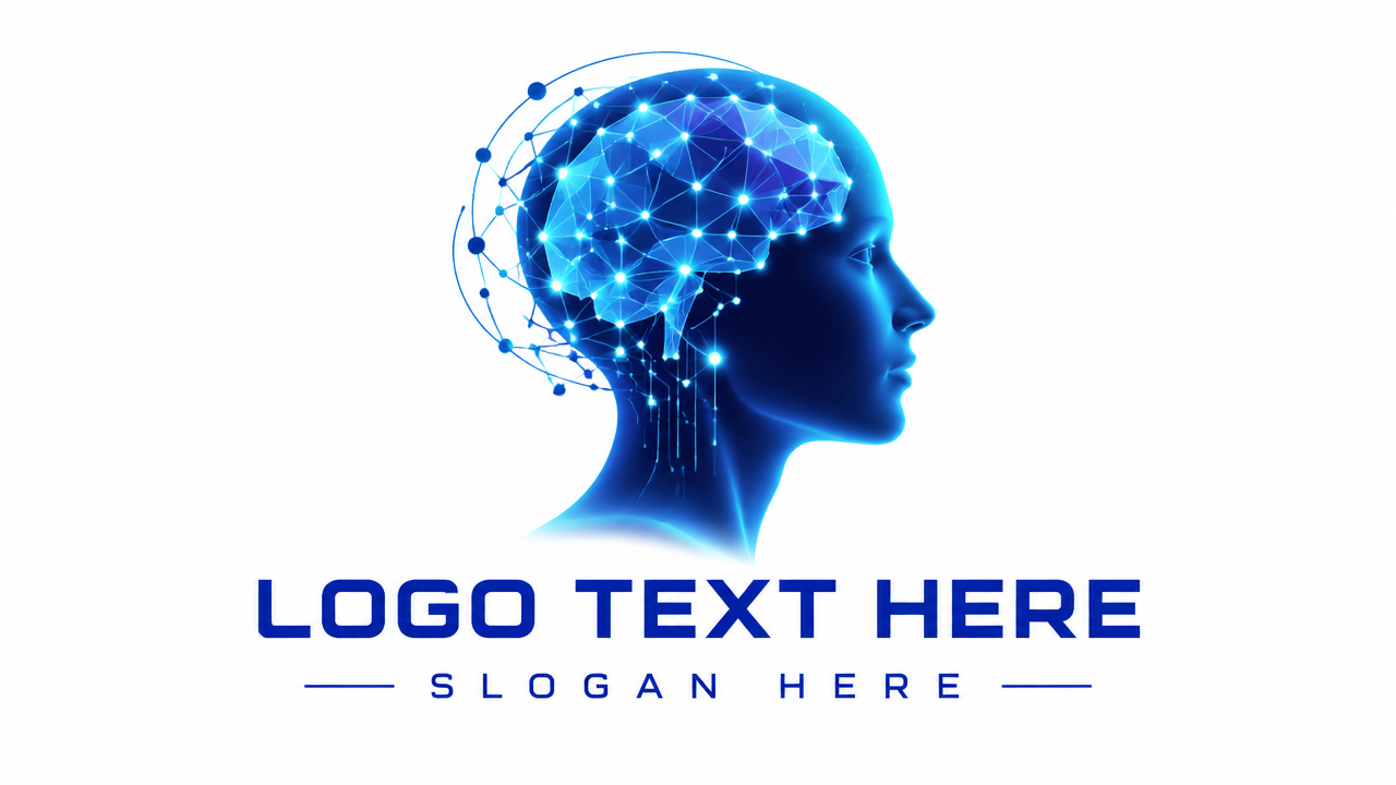 Modern neuroscience logo design featuring a human head profile with polygonal neural network brain on white card