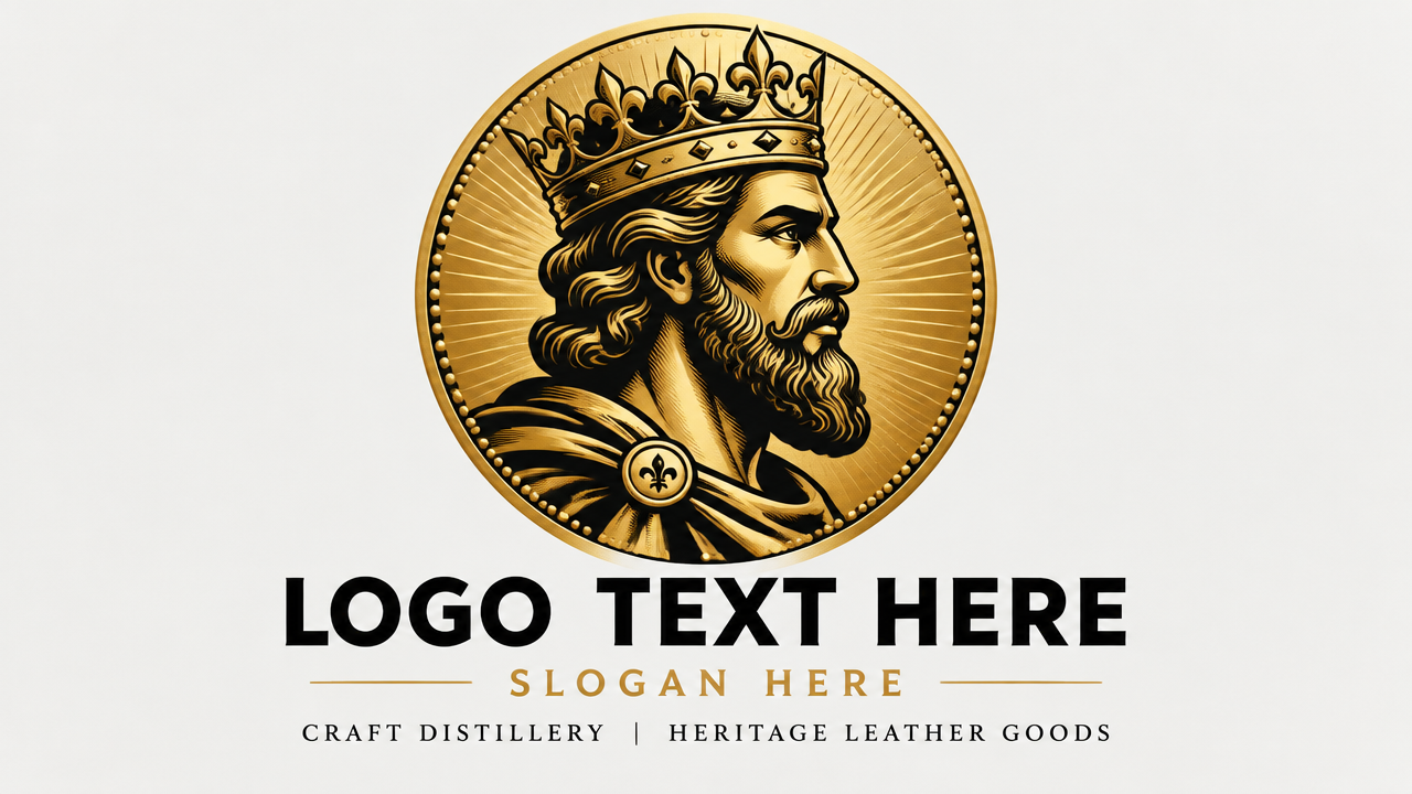 Classical gold coin king medallion logo design featuring a crowned bearded monarch on light card
