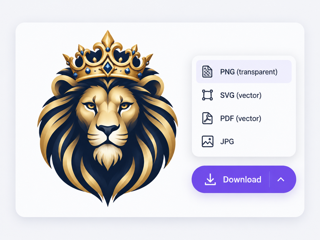 King logo design presentation card with instant download button and PNG vector export dropdown menu