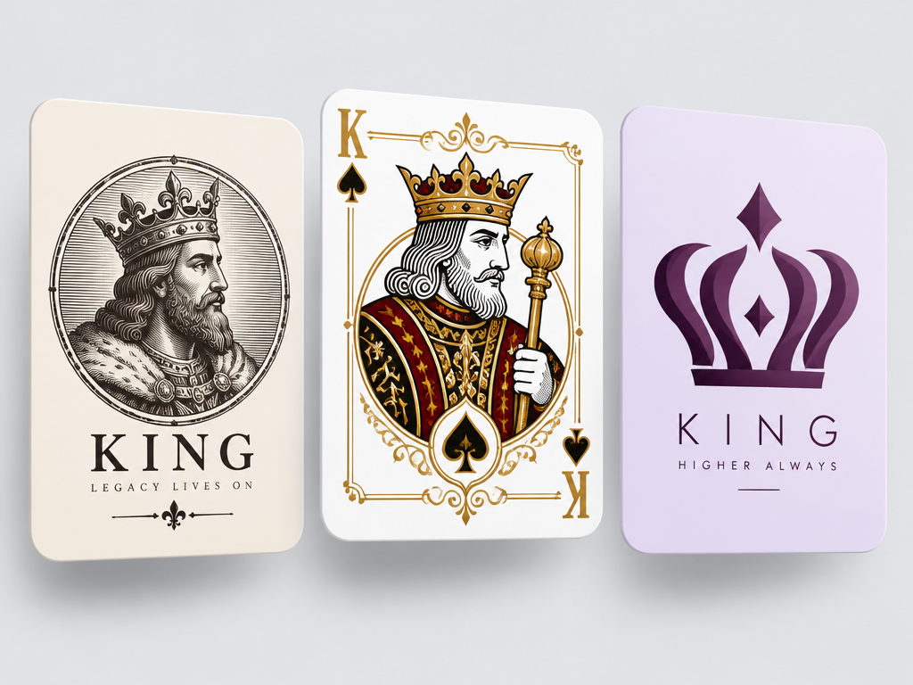 Graphic showcase of three distinct king logo designs featuring medieval monarch, poker card king, and minimalist crown styles