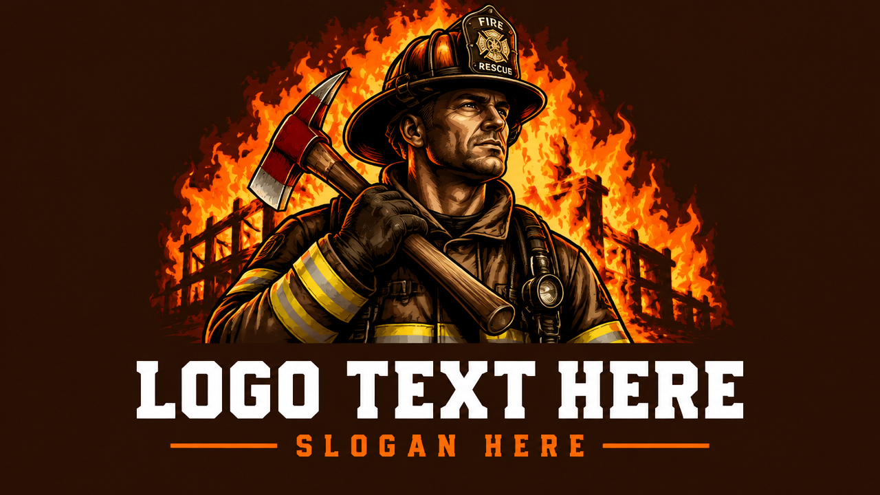 Heroic firefighter logo design carrying an axe over shoulder against blazing fire inferno on dark card