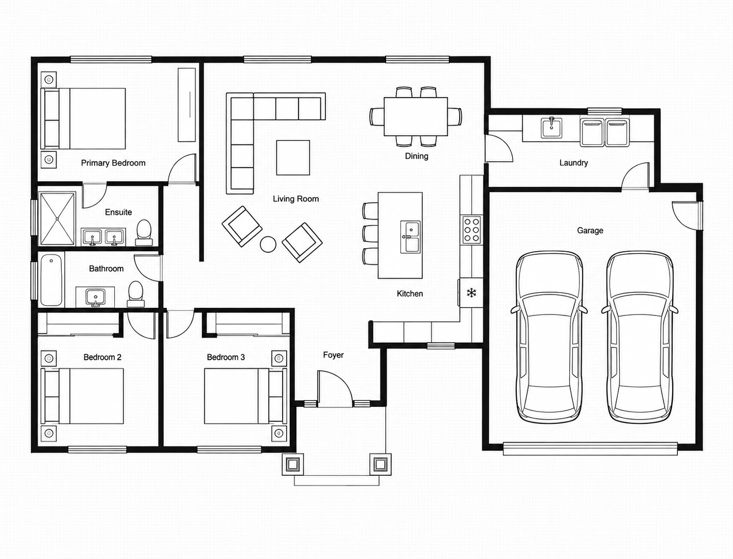 Generated replacement house plan with three bedrooms, two bathrooms, laundry and a two-car garage