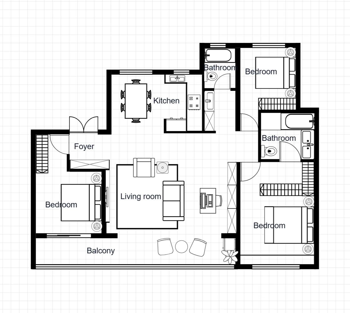 3 Bedroom Apartment with Balcony Floor Plan Template