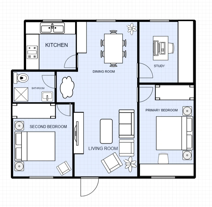 2 Bedroom Apartment with Study Floor Plan Template