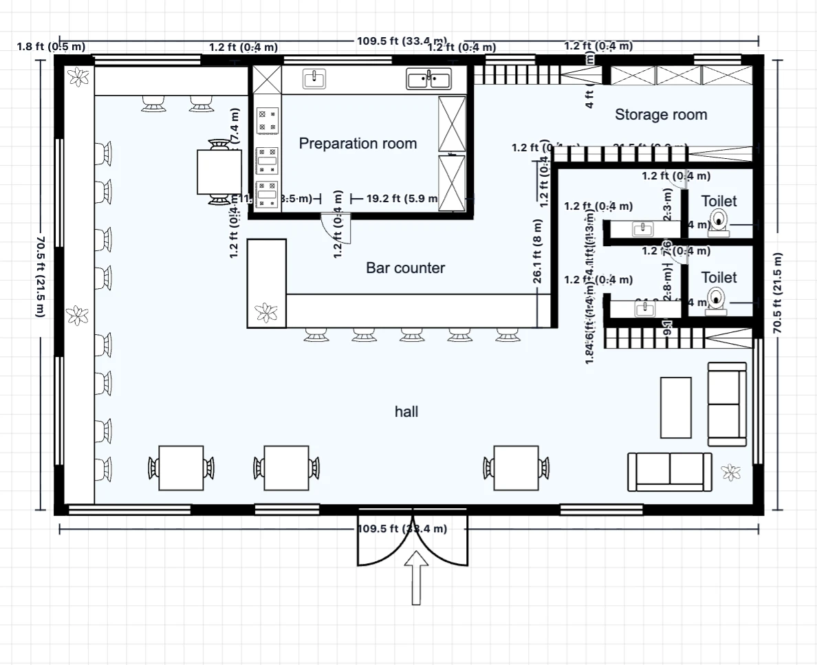 Café Floor Plan with Service Counter reference layout