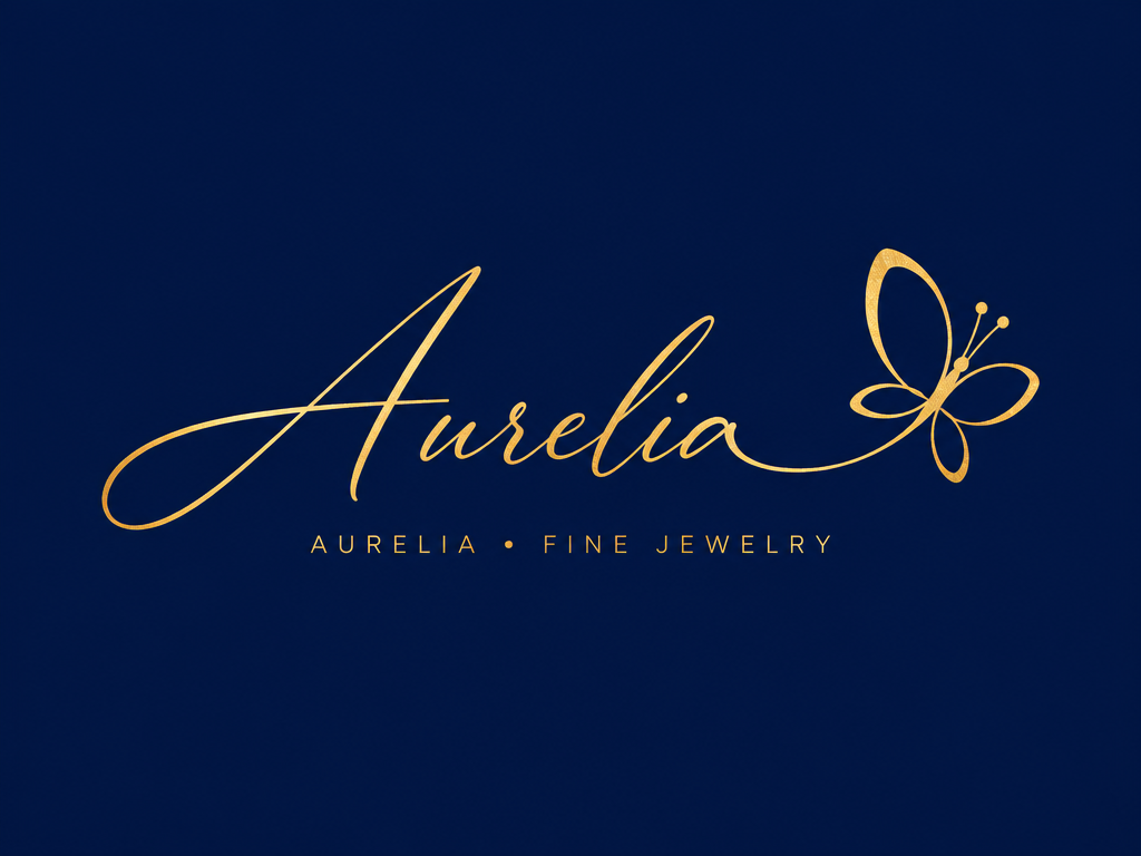 Metallic gold cursive signature with a butterfly flourish centered on a deep royal-navy background.