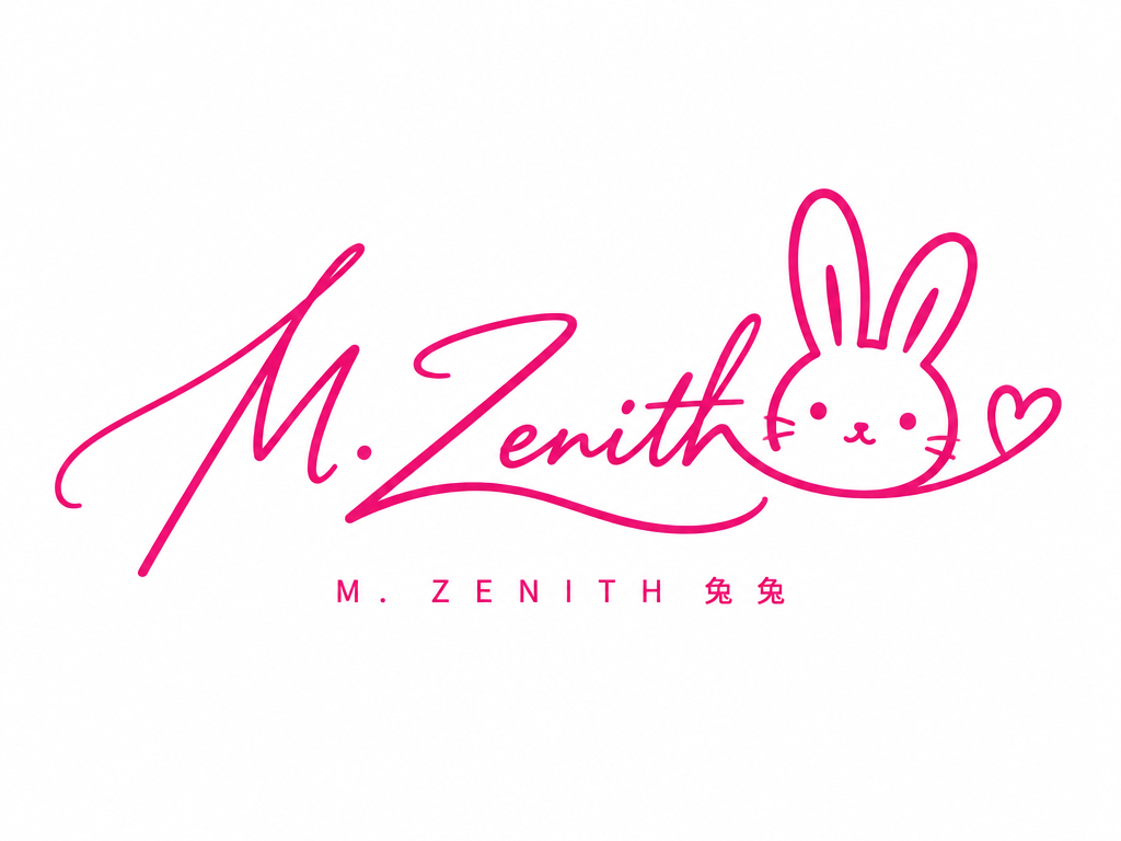 Hot-pink cursive signature reading M. Zenith intertwined with a cute hand-drawn bunny doodle on a white background.