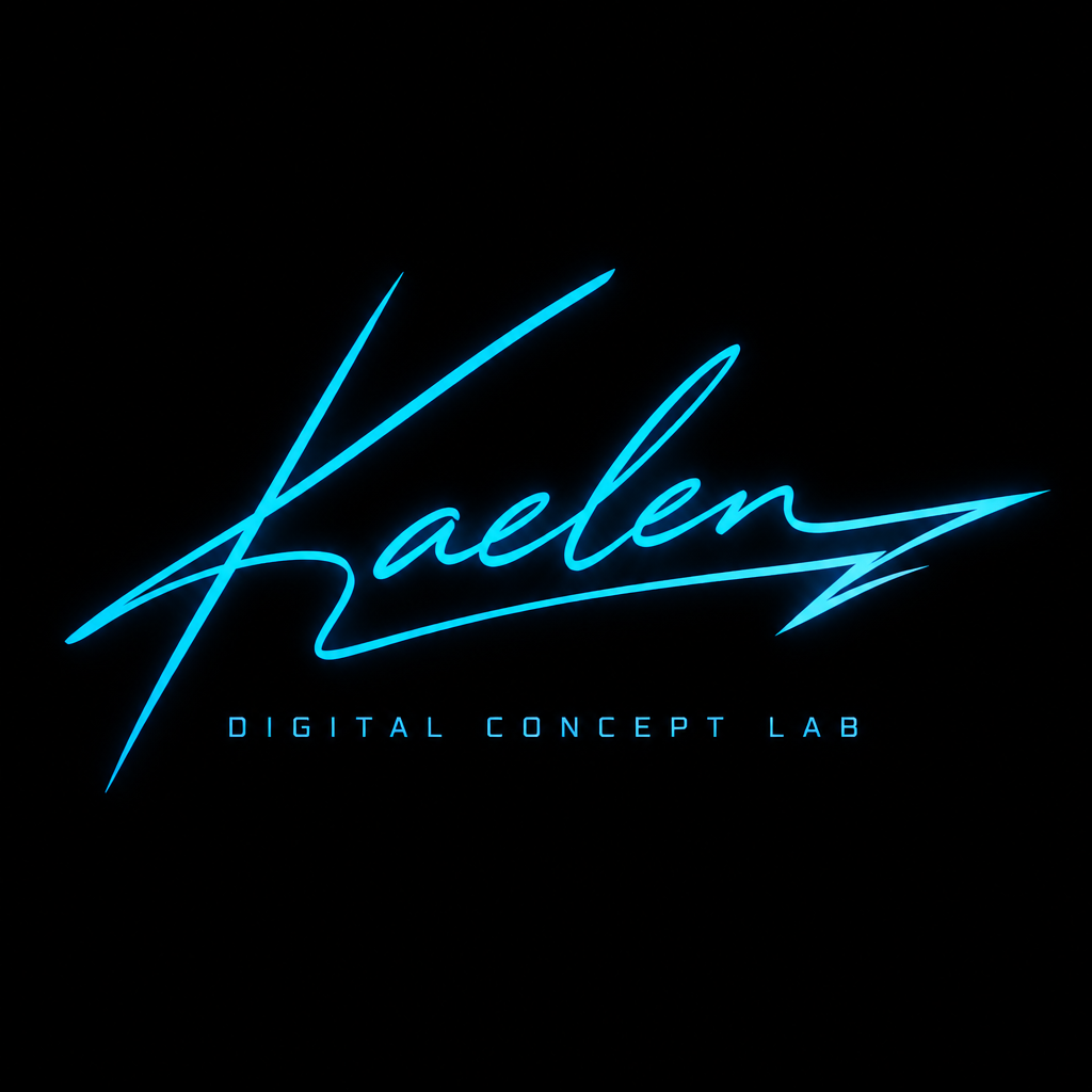 Electric-cyan cursive signature with an angular underline on a solid black background.
