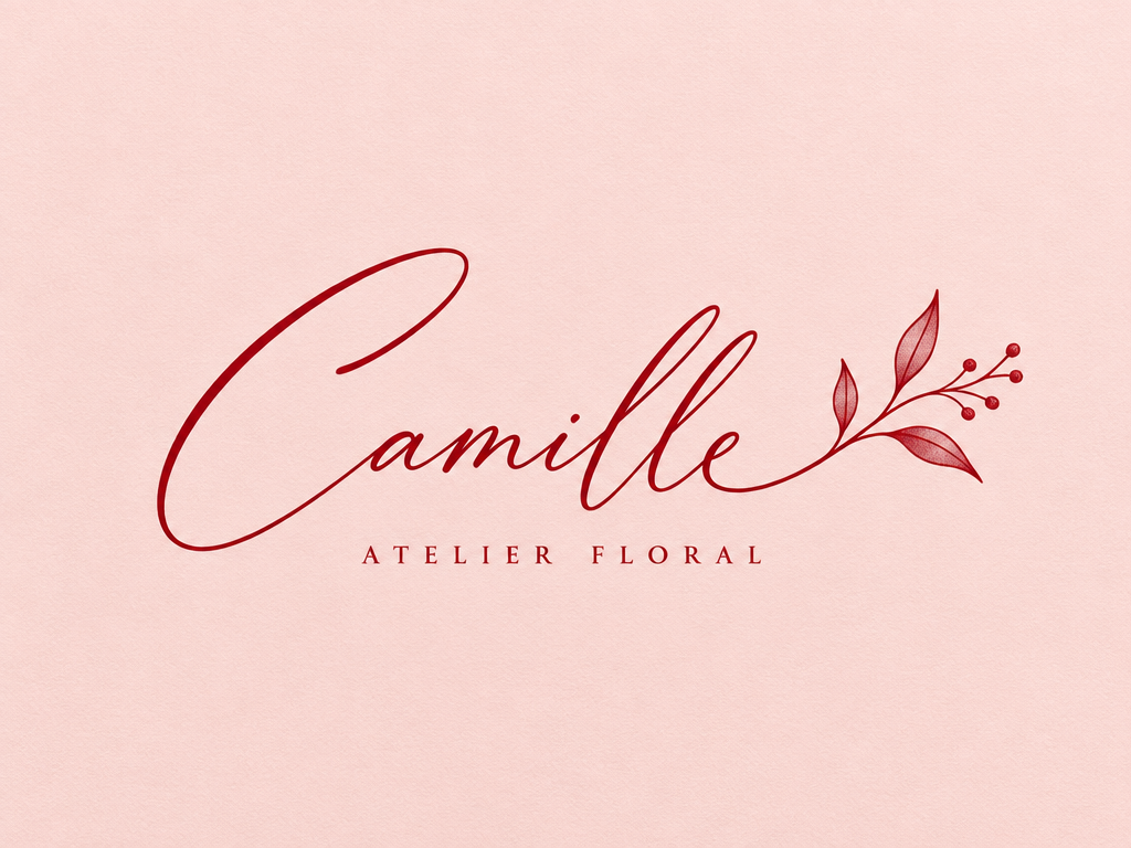 Deep crimson ink signature with a botanical leaf flourish on a soft blush-pink background.
