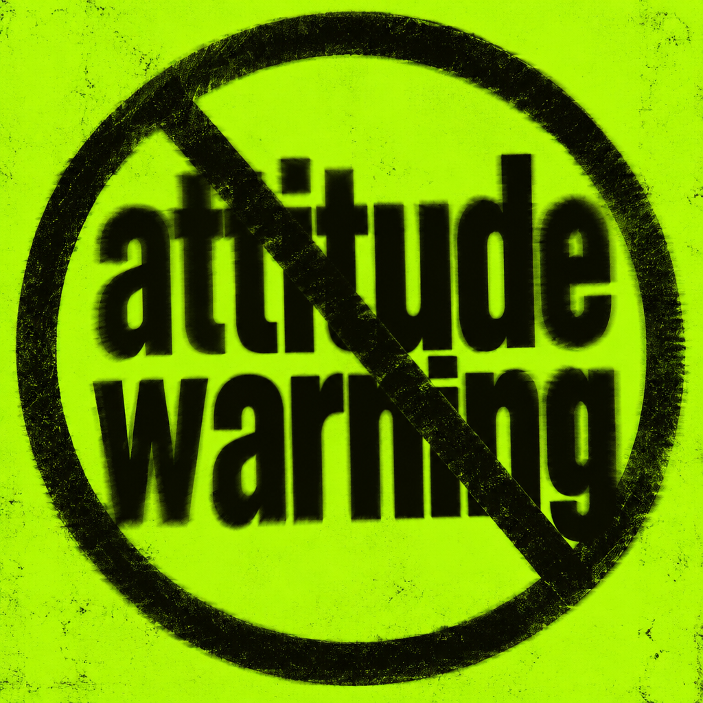 On a white background, a red prohibition circle contains black pixelated text “ERROR: ATTITUDE”, conveying a warning or rejection of a certain attitude.