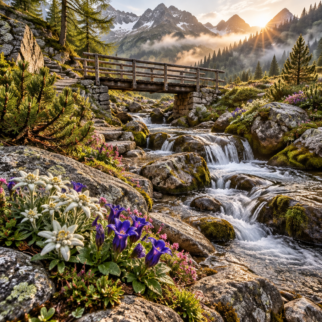 Natural alpine rock garden with a cascading mountain stream, wild edelweiss, and a wooden footbridge.