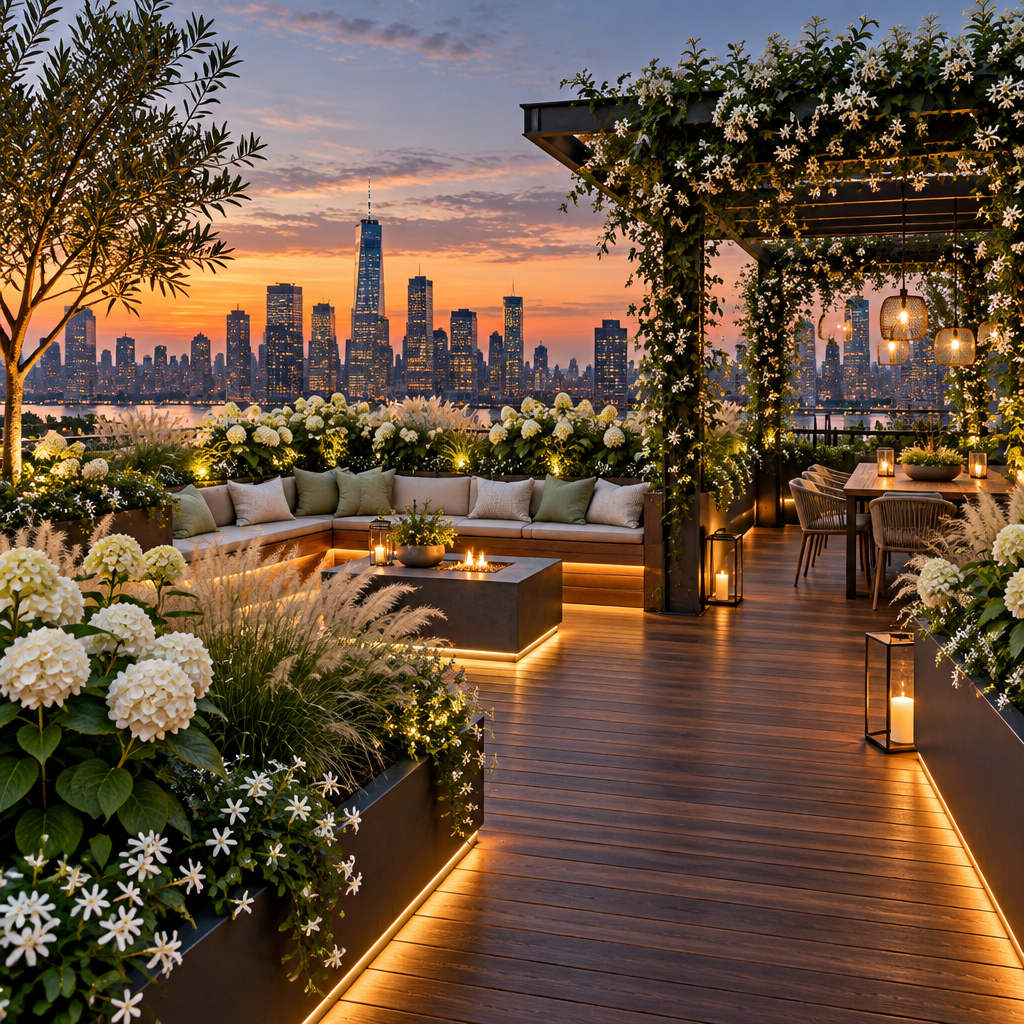 Modern urban rooftop garden with wood decking, ornamental grasses, and blooming jasmine overlooking city skyscrapers at dusk.