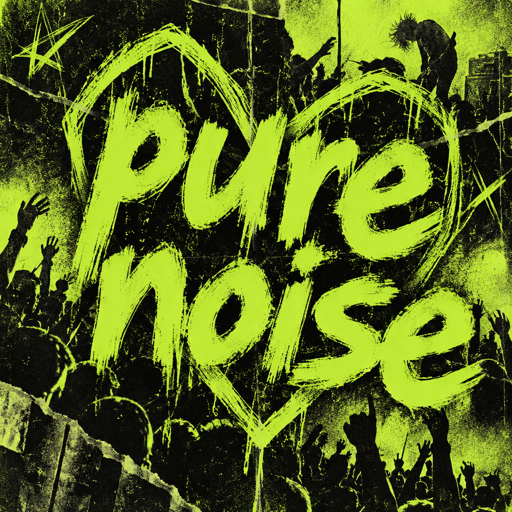 High-contrast black-and-white graffiti-style design with bold white text “PURE NOISE” over blurred human silhouettes, splattered ink dots, and sharp lines, conveying chaotic, raw noise energy.