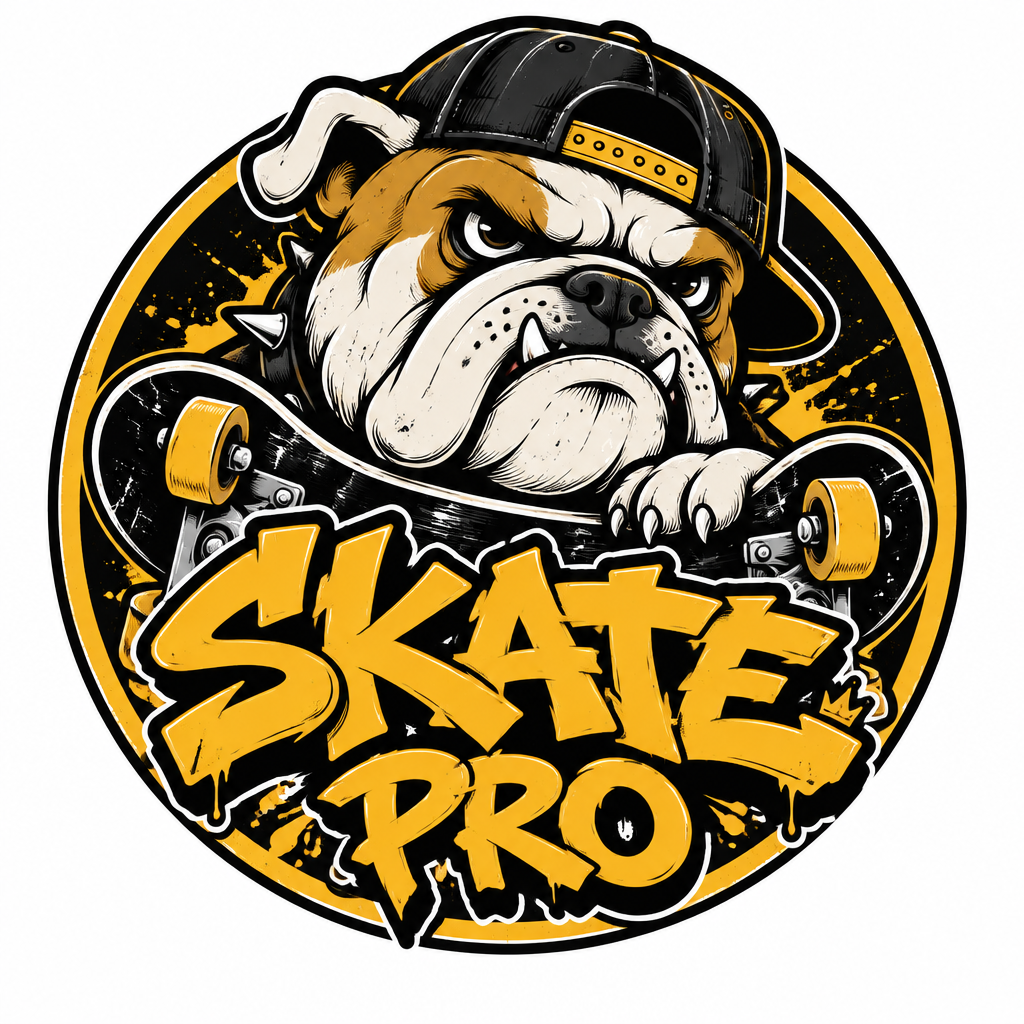 A 1:1 flat lay shot of a professional skateboard deck made of light maple wood. In the center, a bold graffiti-style sticker logo features a stylized bulldog mascot wearing a backwards cap, surrounded by "SKATE PRO" text in fat-cap graffiti font. The colors are high-contrast yellow, black, and white. The sticker has a slight glossy finish with realistic edge peeling.